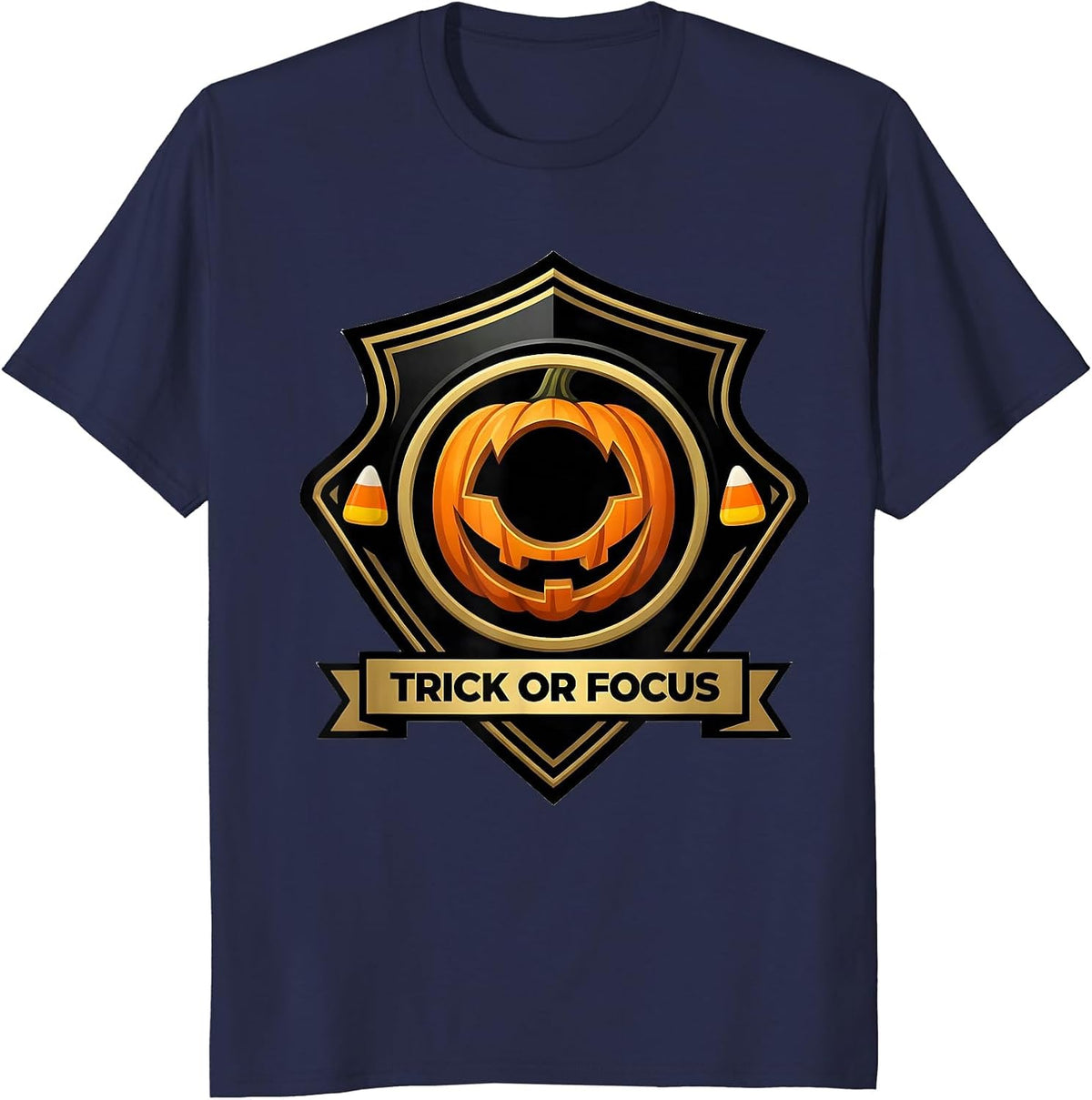 Men's Trick or Focus Emblem Funny Optometrist Halloween Eye Doctor T-Shirt - Navy Blue