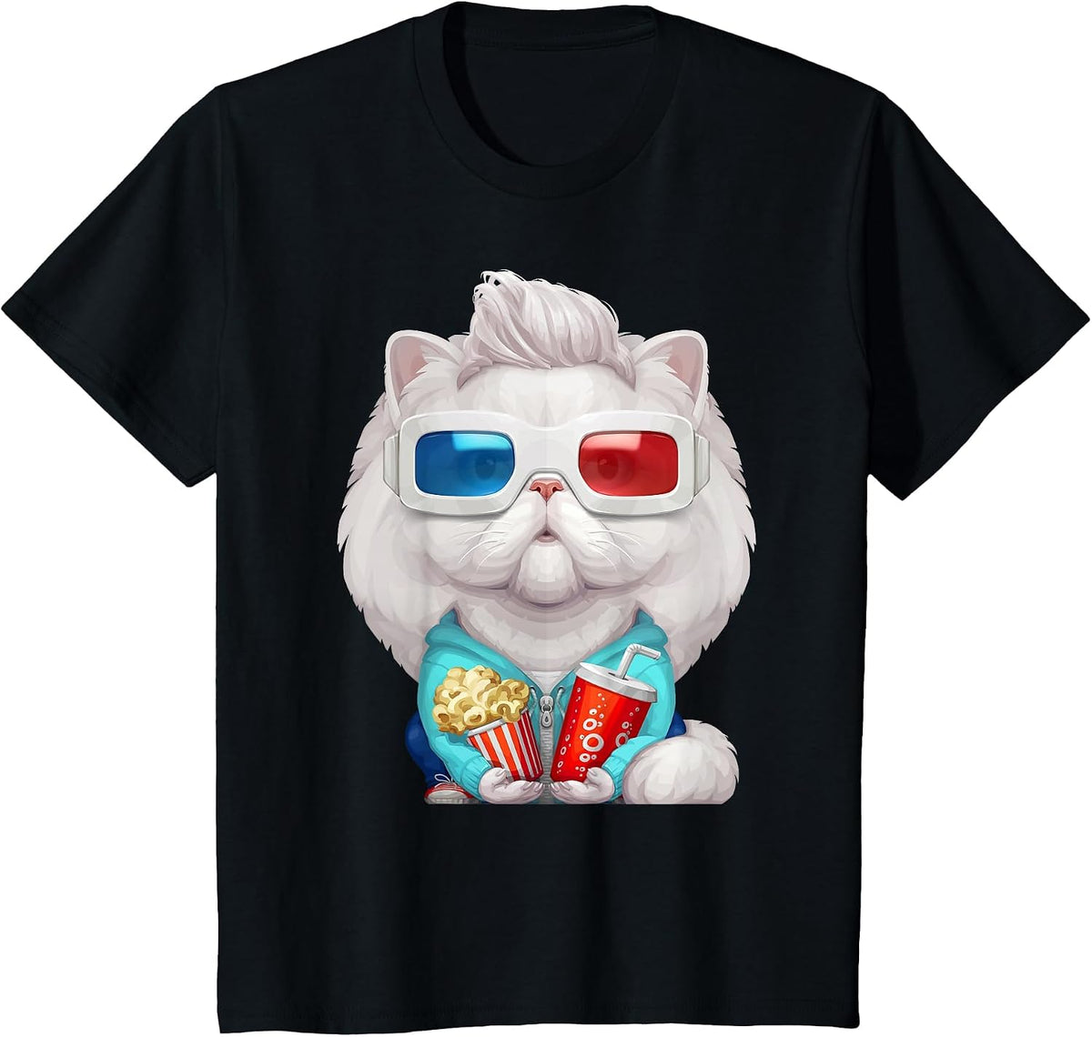 White Persian Cat Wearing 3D Glasses T-Shirt T-Shirt - Black