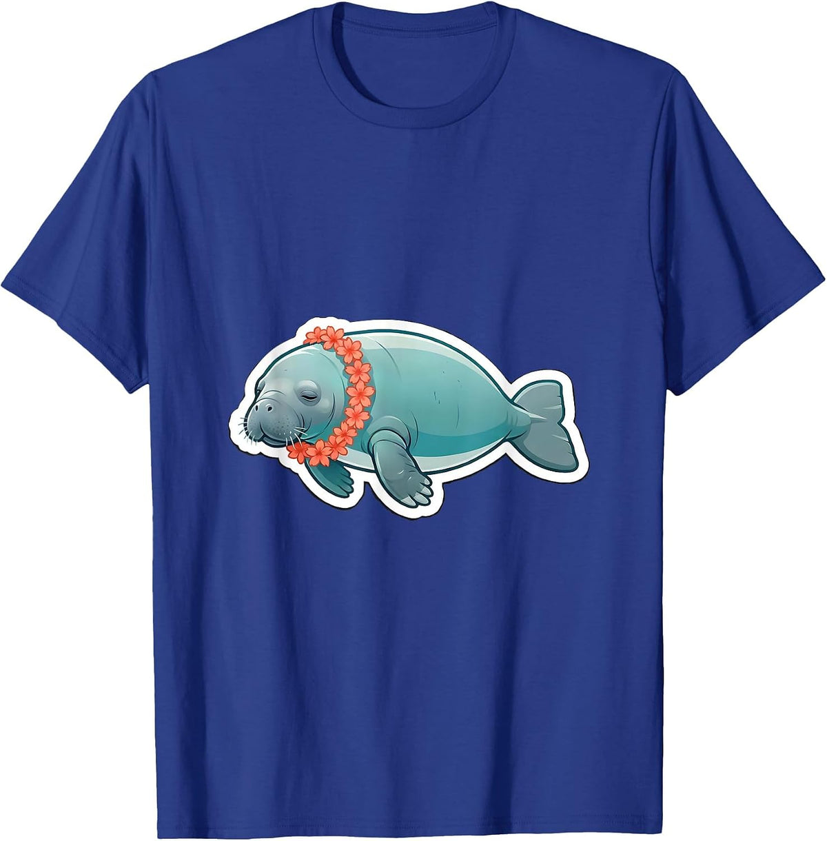 Manatee Flower Lei Funny Sea Animal Lover Sticker Style T-Shirt - Royal Blue