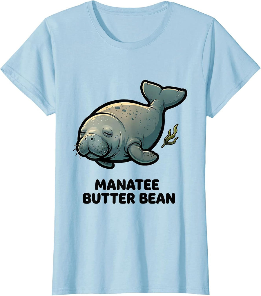 Women's Manatee Butter Bean Funny Sea Animal Lover Cartoon T-Shirt - Baby Blue