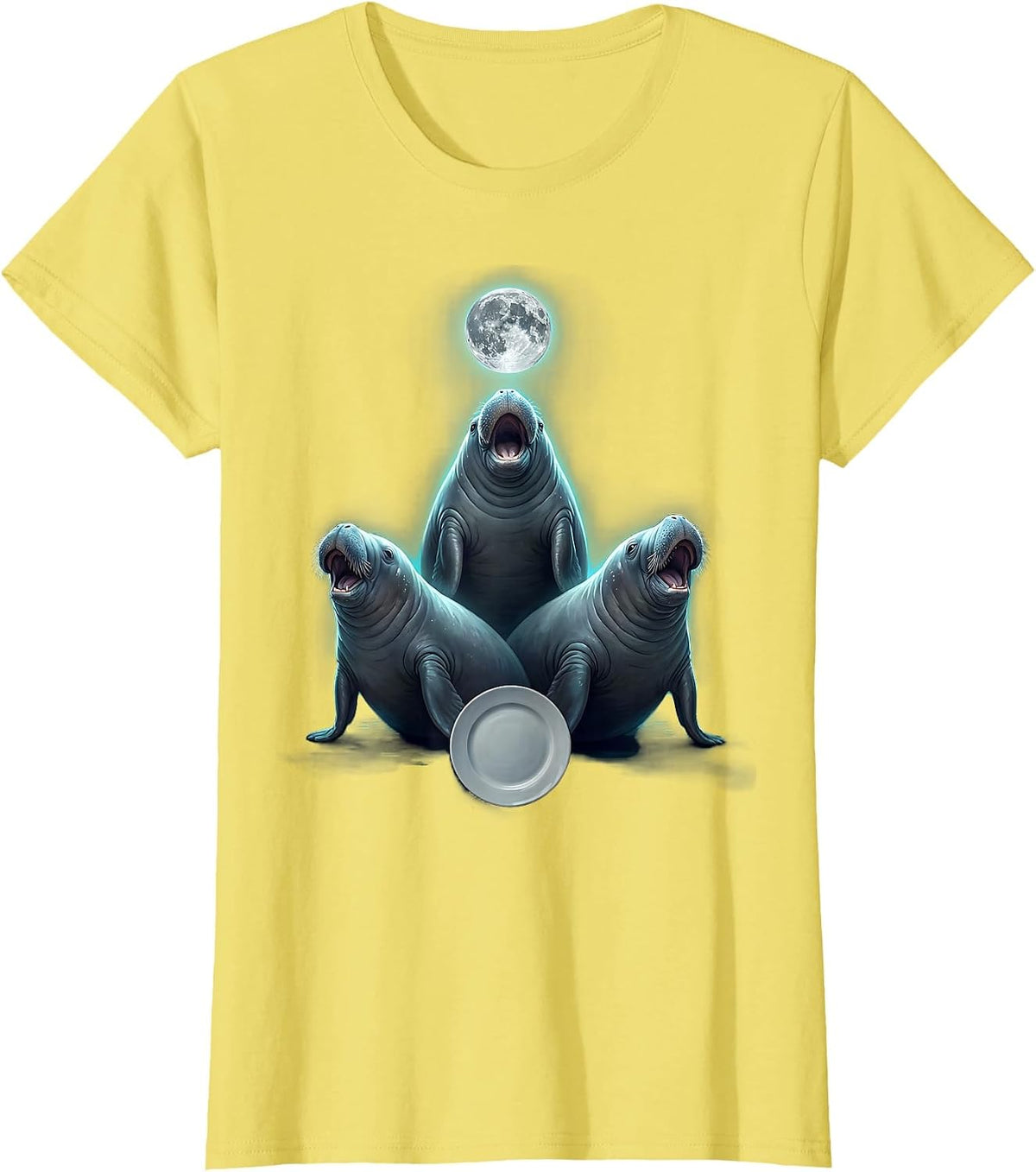 Women's Three Manatee Moon Howling Funny Animal Meme Parody T-Shirt - Lemon Yellow