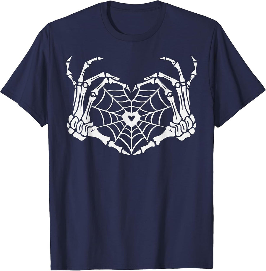 Skeleton Hand Heart Spiderweb Halloween Cobweb Party Costume T-Shirt - Navy Blue