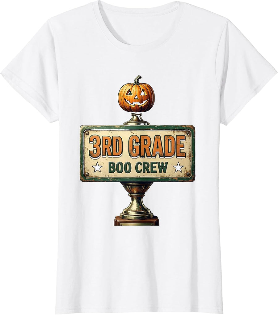 Women's 3rd Grade Boo Crew Vintage Classroom Halloween Teacher T-Shirt - White