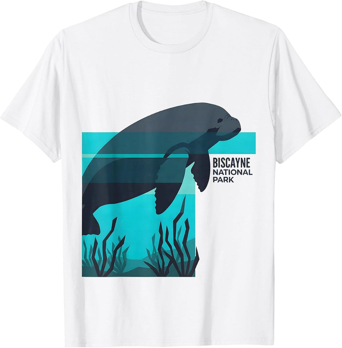 Men's Biscayne National Park Retro Flat Vector Manatee Wildlife T-Shirt - White