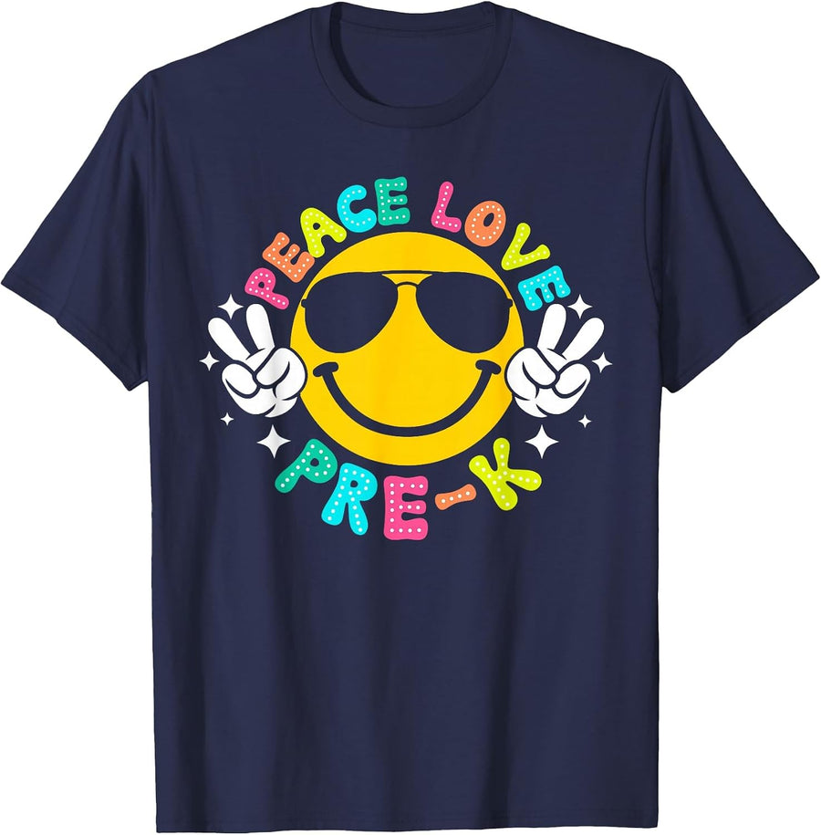 Peace Love Pre-K Retro Back to School 2024 Preschool Teacher T-Shirt - Navy Blue