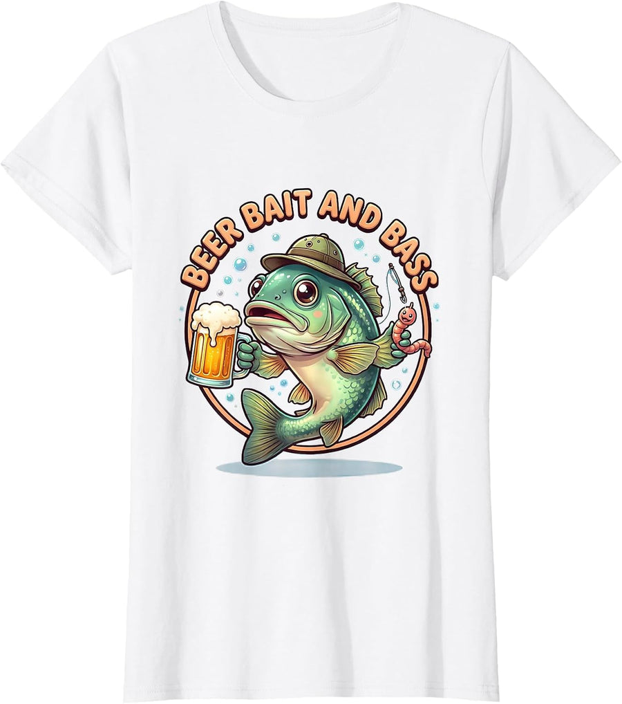 Women's Beer Bait and Bass Fishing Graphic Design T-Shirt - White