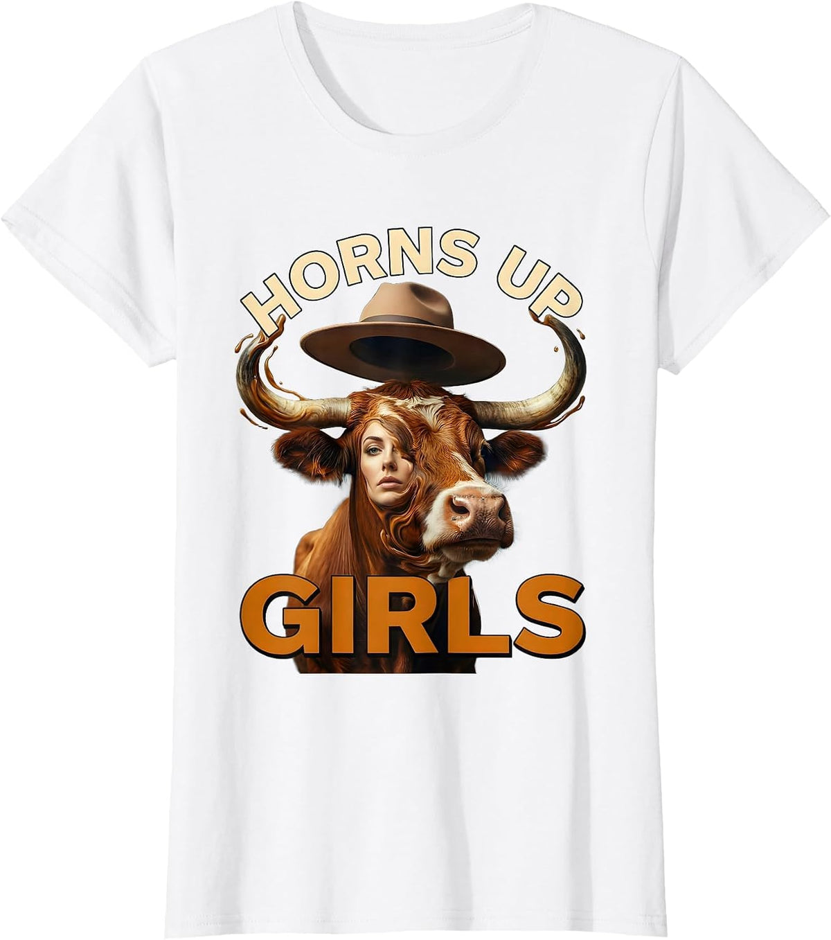 Horns Up Girls Cow Lover Graphic Design T-Shirt - White