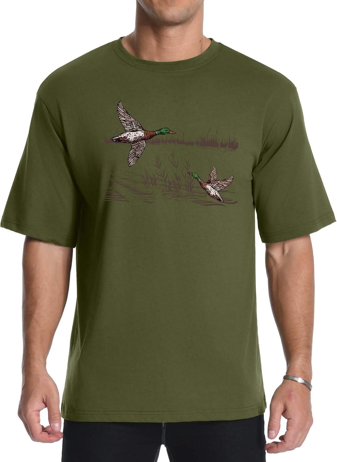 Aiyino Men's Wild Duck Graphic T-Shirt – Retro Mallard Print Tee - Armygreen