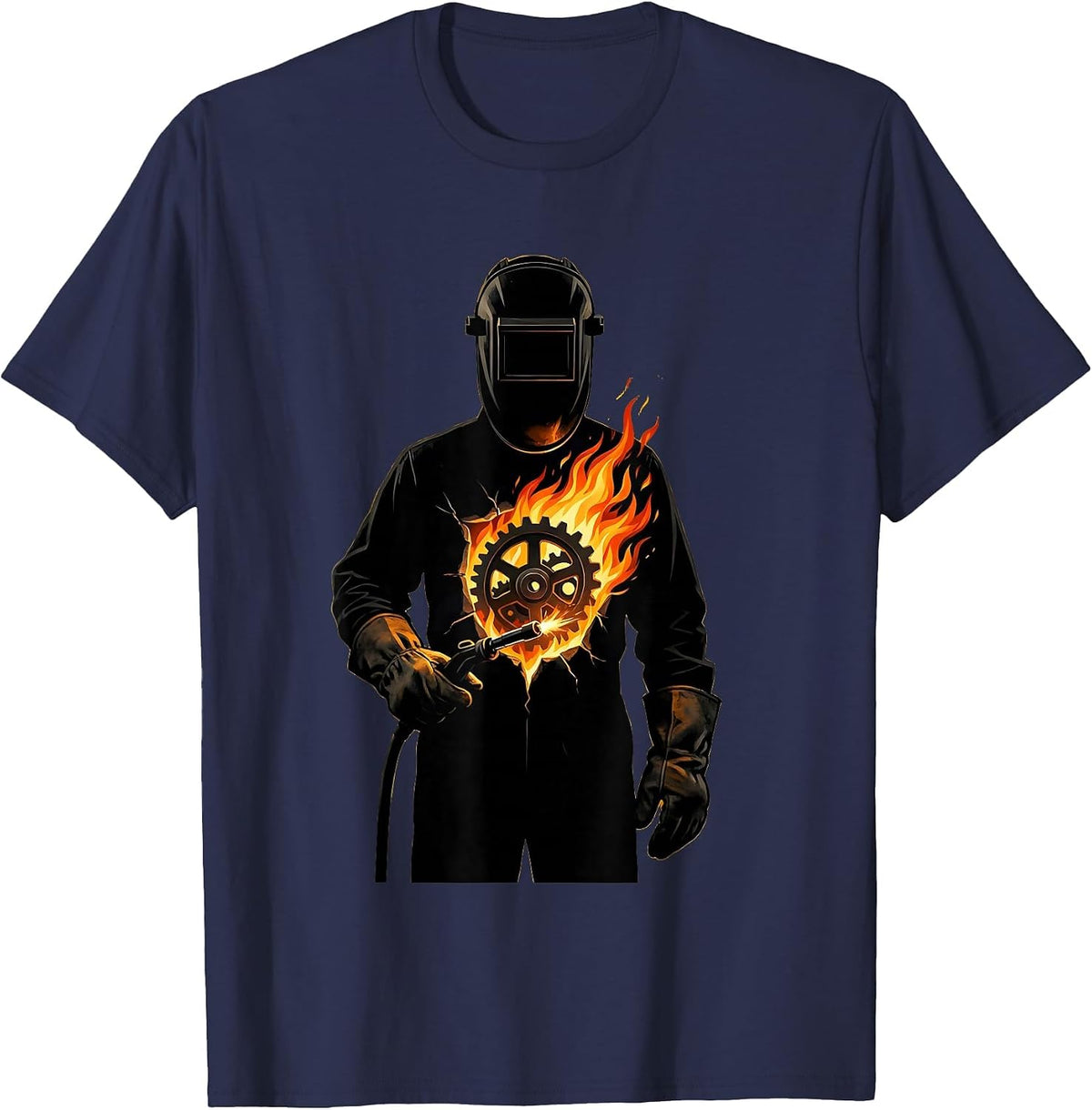 Welder Gear and Flames Open Chest Graphic T-Shirt - Navy Blue