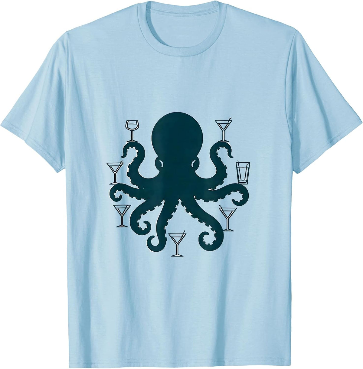 Men's Octopus Bartender Juggling Cocktail Glasses T-Shirt - Baby Blue