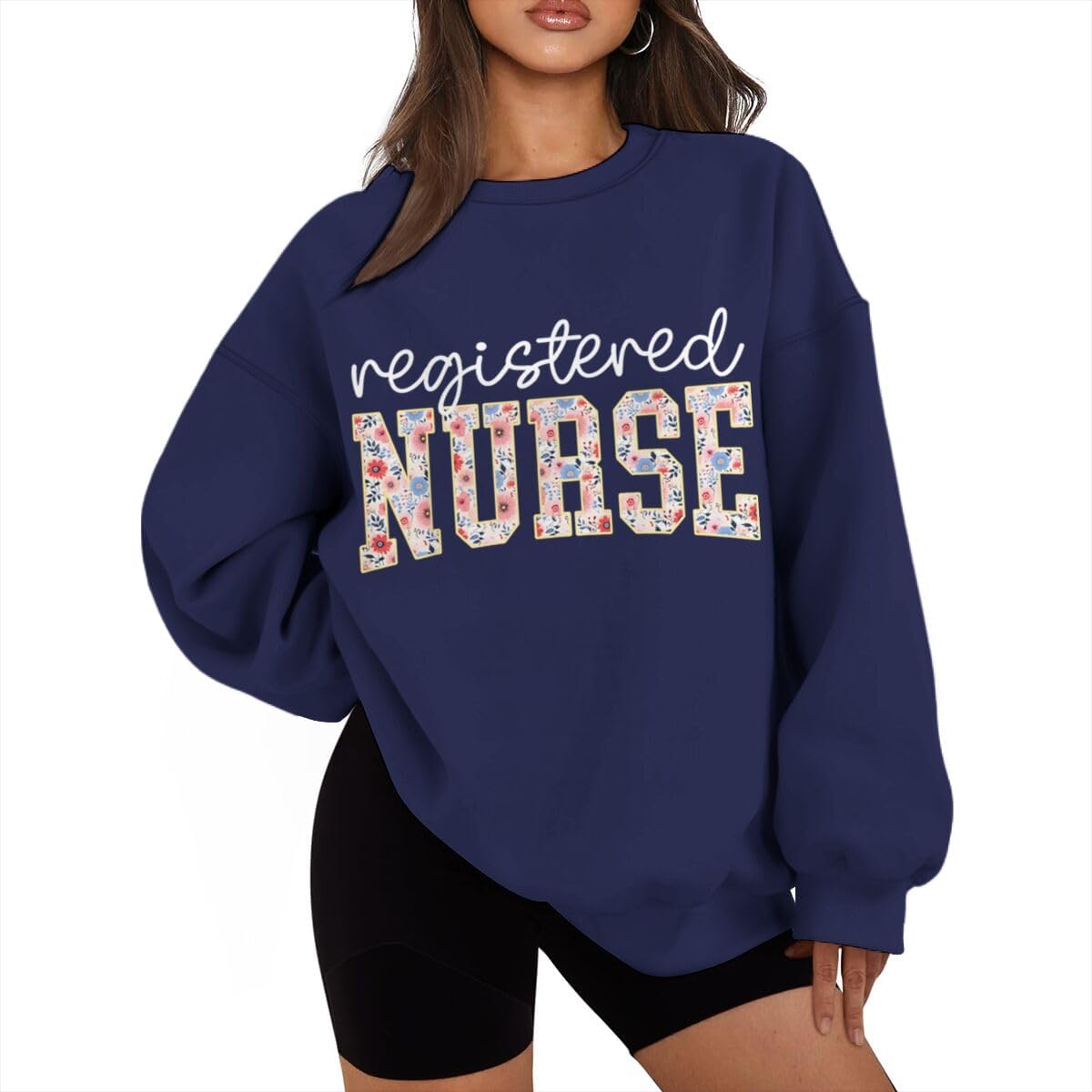 Nurse Sweatshirts for Women Registered Nurse Flower Letter RN Crewneck Sweatshirt Long Sleeve Fleece Pullover Gift for