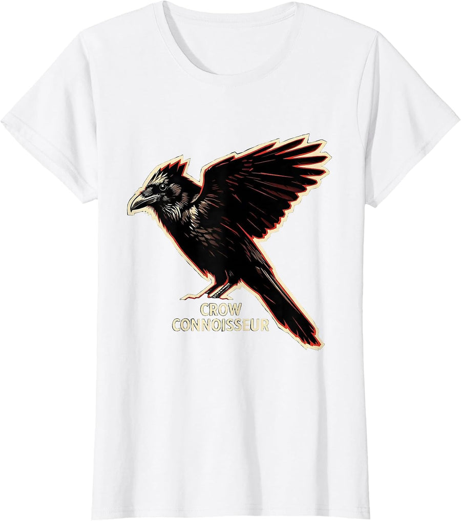 Women's Crow Connoisseur Gothic Nature Bird Silhouette Art T-Shirt - White