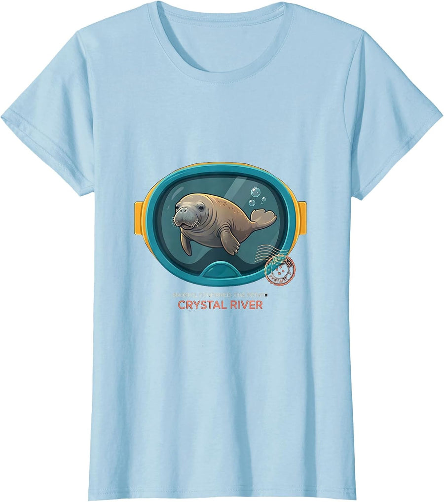 Women's Snorkel Confirmed: One Potato, Crystal River Manatee Lover T-Shirt - Baby Blue