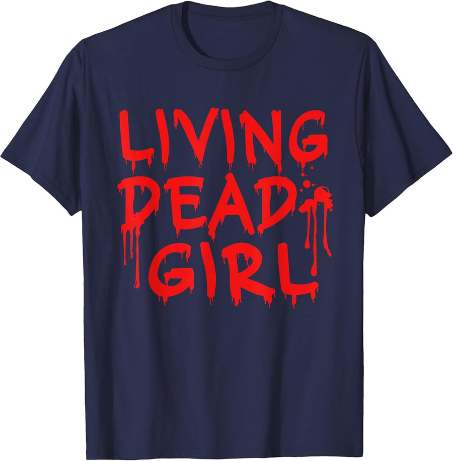 Living Dead Girl Dripping Blood Halloween Zombie Movie T-Shirt - Navy Blue