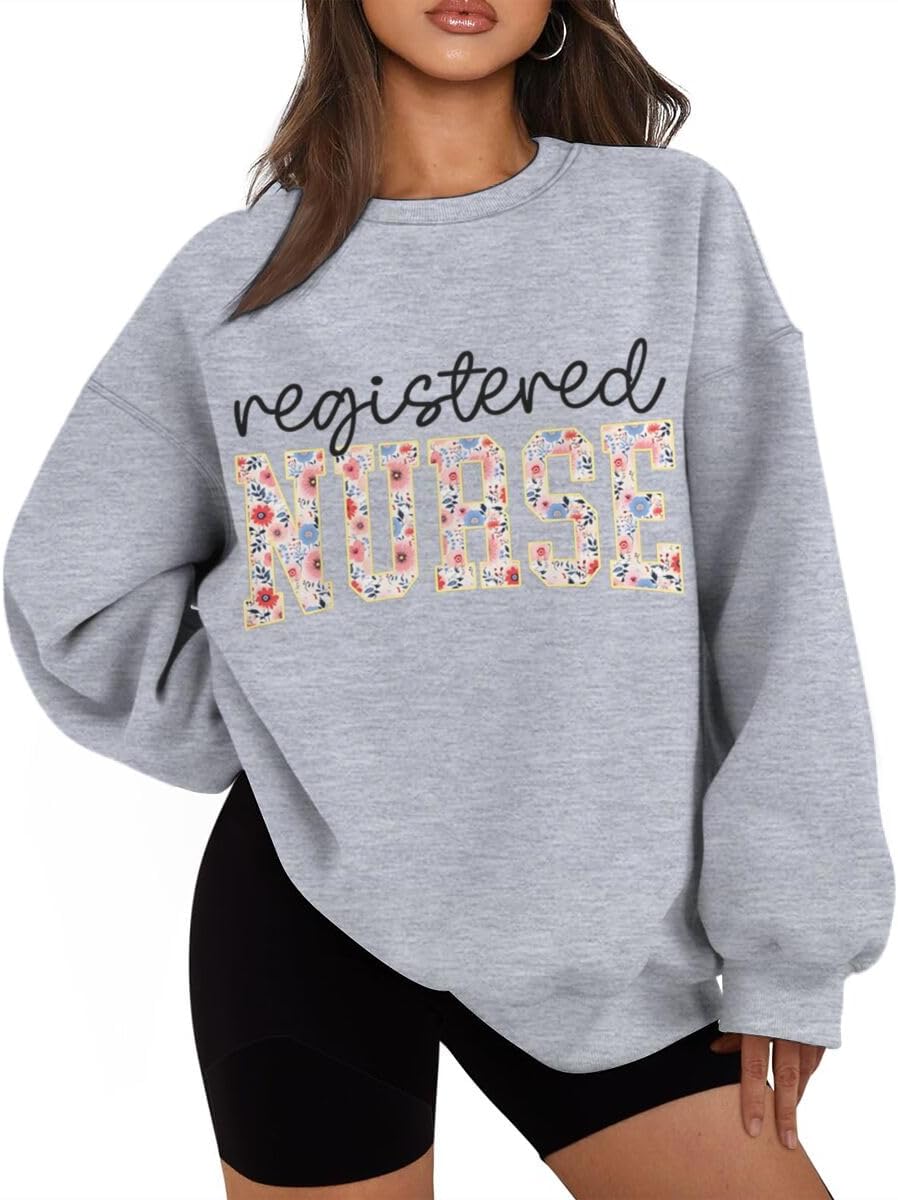 Nurse Sweatshirts for Women Registered Nurse Flower Letter RN Crewneck Sweatshirt Long Sleeve Fleece Pullover Gift for