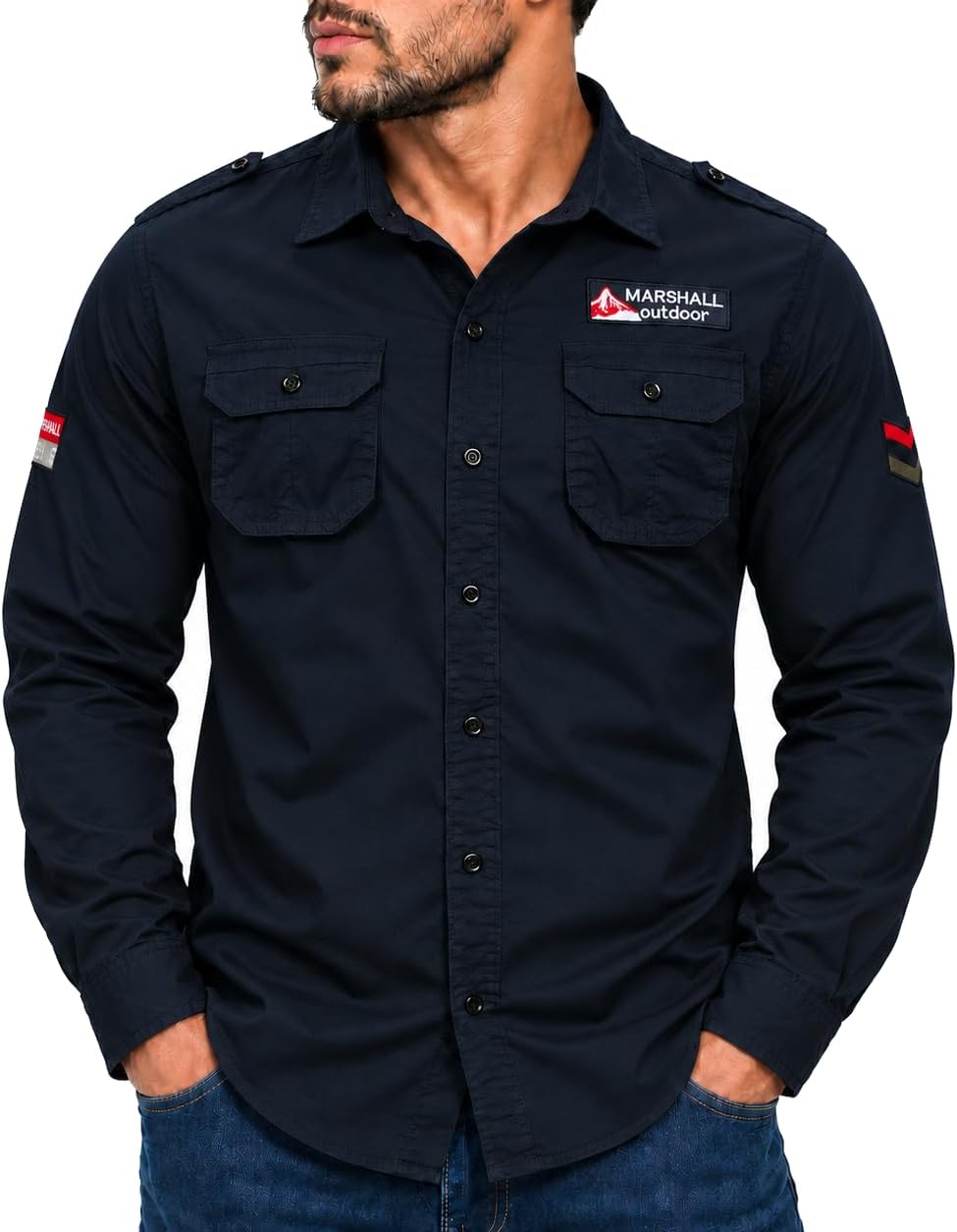 FREDD MARSHALL Men's Long Sleeve Cotton Military Work Shirt - #115 Navy Blue