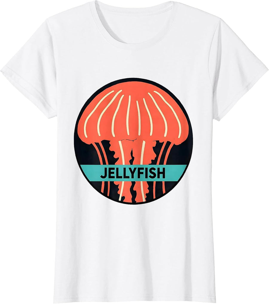 Women's Jellyfish Minimalist Line Art Animal Badge Patch Icon T-Shirt - White