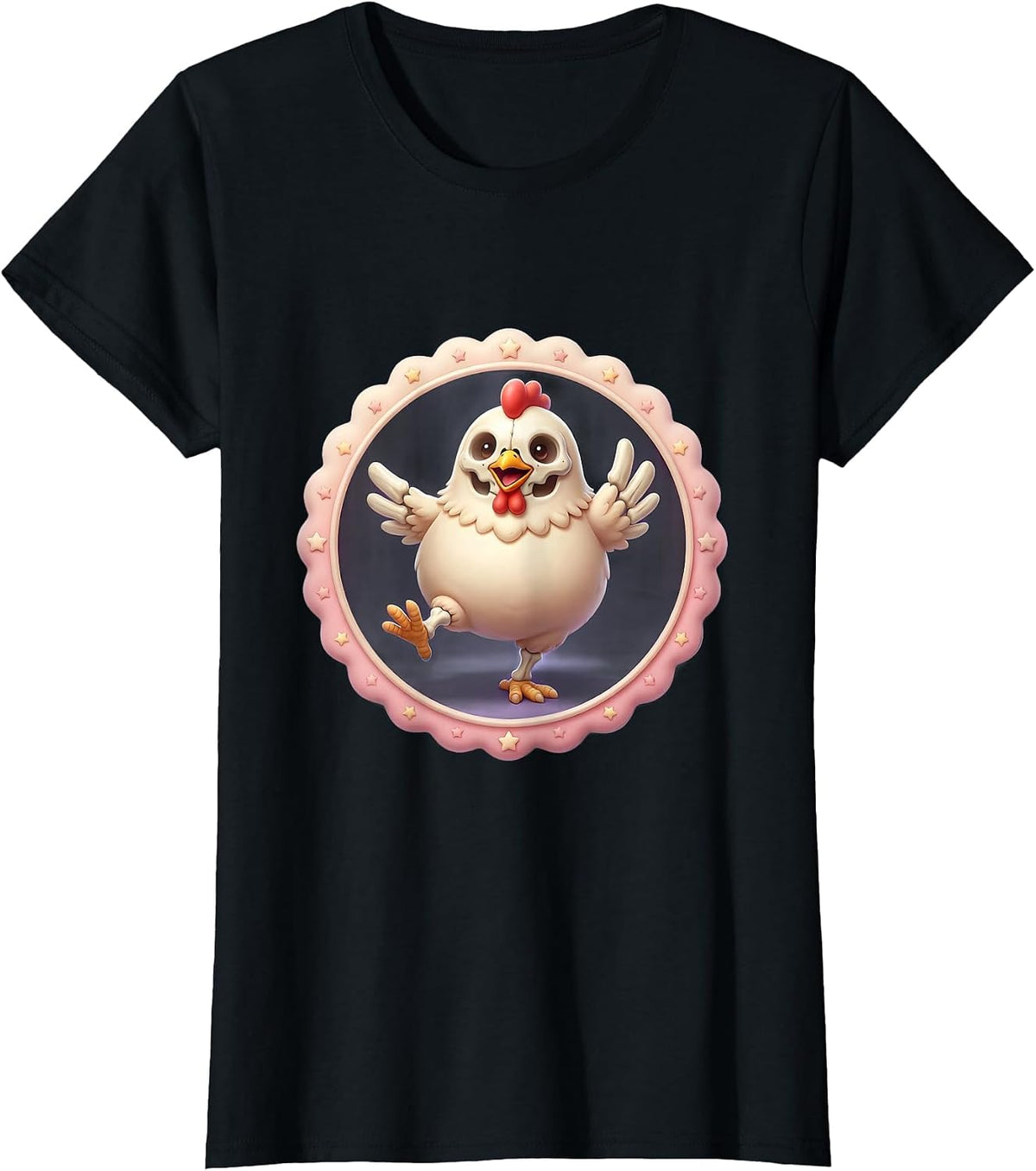 Skeleton Chicken Strutting on Stage Graphic T-Shirt - Black