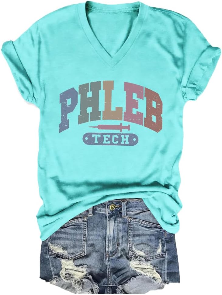 Phlebotomy Shirt Womens V-Neck Phleb Tech Tshirt Graphic Summer Tees Phlebotomist Nurse Life T Shirt Work Sayings - Sky Blue