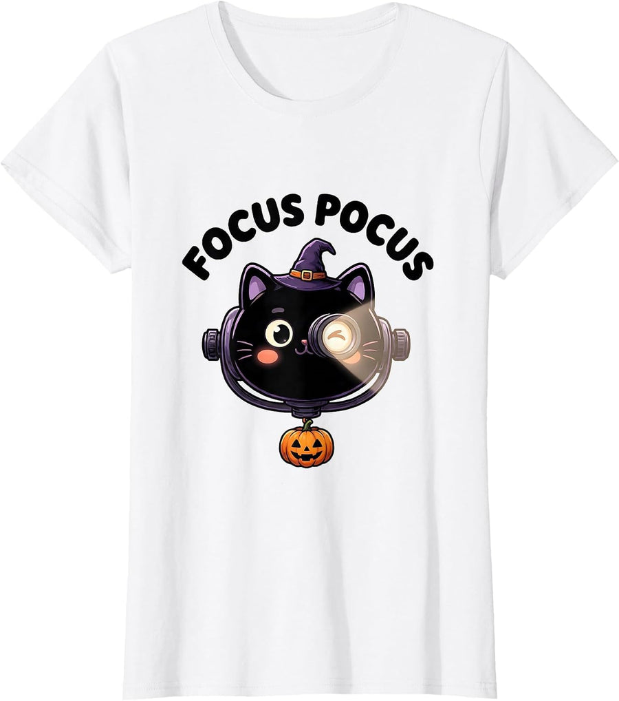 Women's Focus Pocus Cute Kawaii Halloween Optometrist Eye Doctor Cat T-Shirt - White