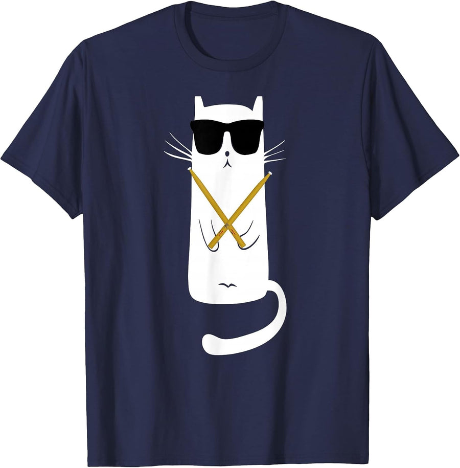 Funny cat Wearing Sunglasses Playing Drums T-Shirt - Navy Blue