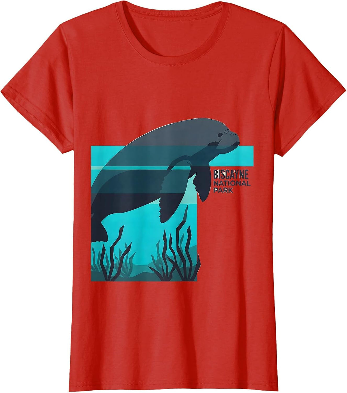 Women's Biscayne National Park Retro Flat Vector Manatee Wildlife T-Shirt - Red
