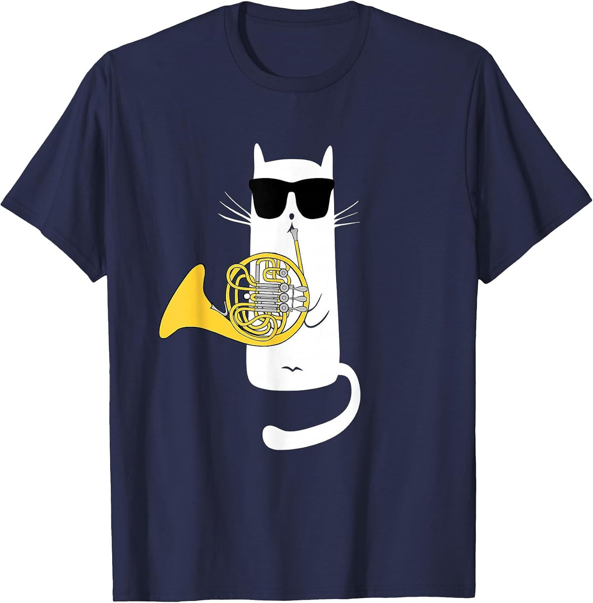 Funny Cat Wearing Sunglasses Playing French Horn T-Shirt - Navy Blue