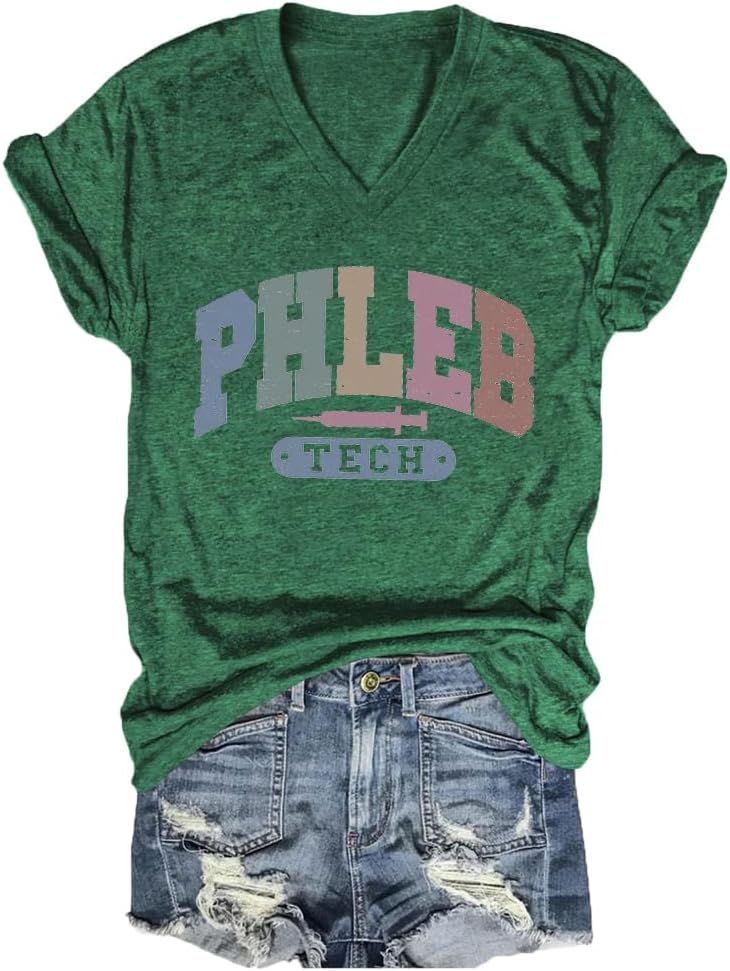 Phlebotomy Shirt Womens V-Neck Phleb Tech Tshirt Graphic Summer Tees Phlebotomist Nurse Life T Shirt Work Sayings - Dark
