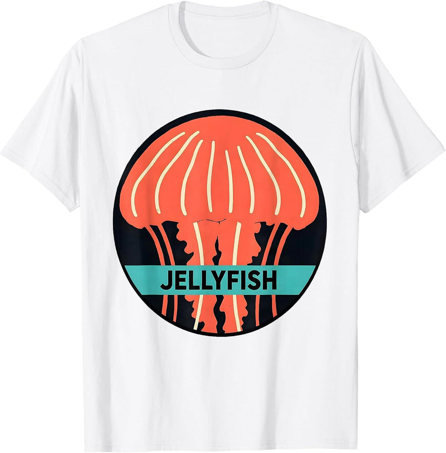 Men's Jellyfish Minimalist Line Art Animal Badge Patch Icon T-Shirt - White