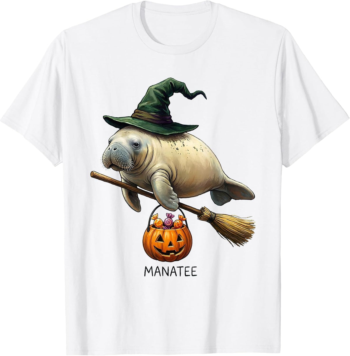 Men's Manatee Whimsical Storybook Halloween Witch Hat Animal T-Shirt - White