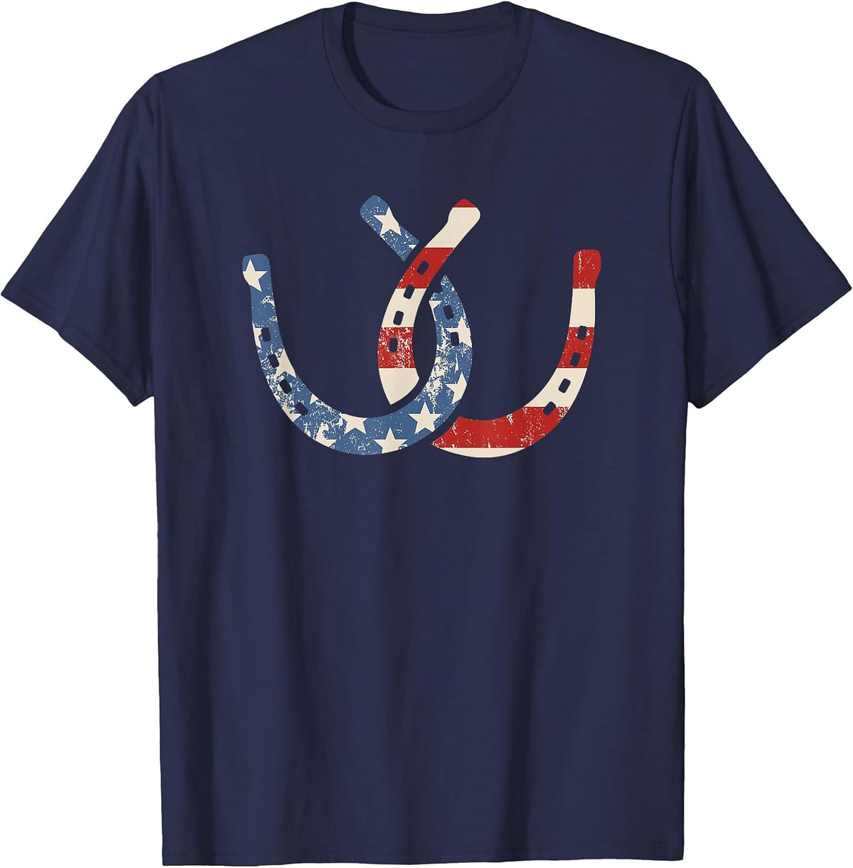 Horseshoe Flag July 4th Horseback Riding Horse Equestrian T-Shirt - Navy Blue