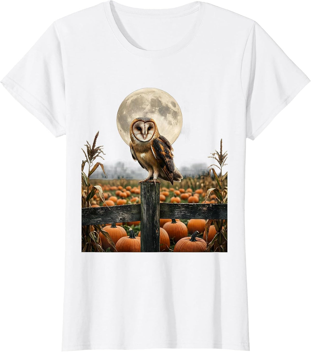 Barn Owl Moonlit Pumpkin Patch Illustration T-Shirt - White