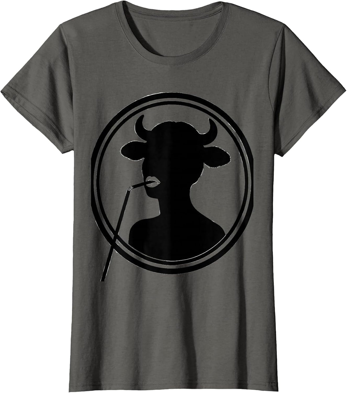 Women's Cow Girl Sipping Straw Cute Bovine Lover Graphic T-Shirt - Asphalt Grey