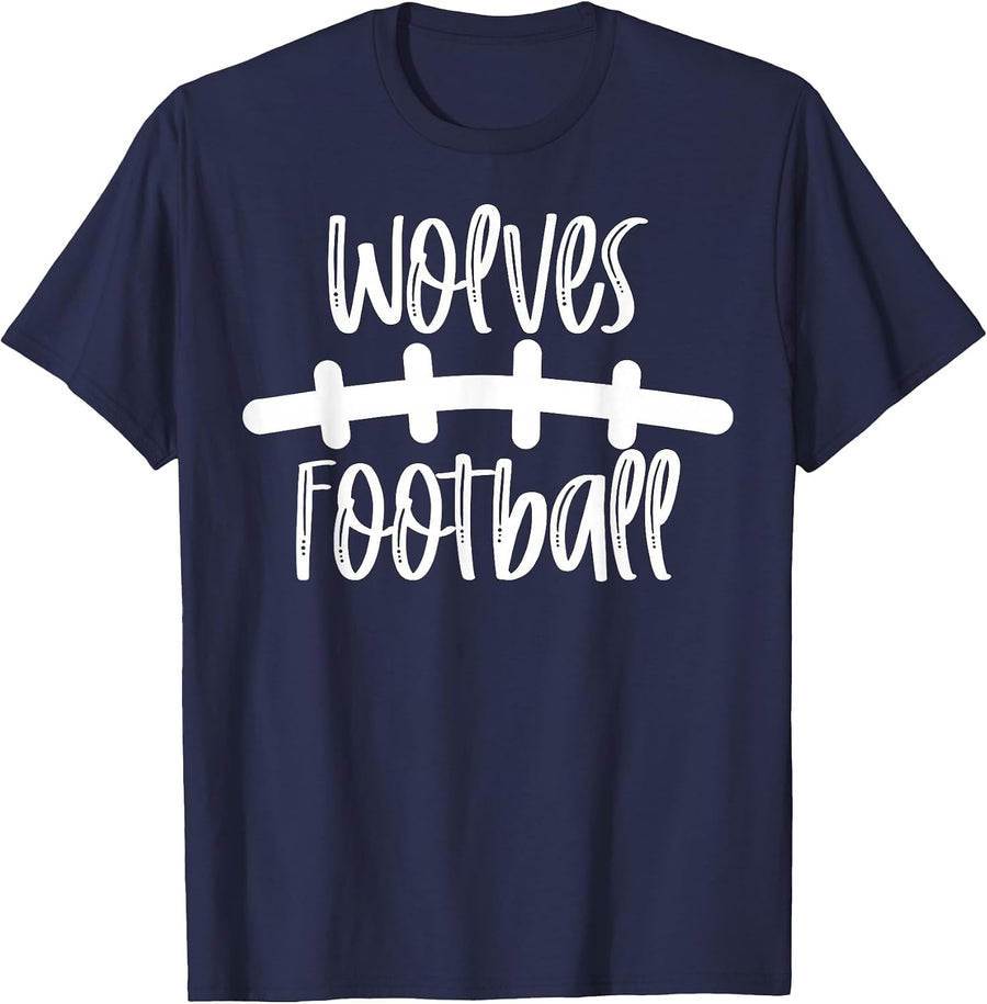 Wolves Football School Spirit Team Mascot Game Night T-Shirt - Navy Blue