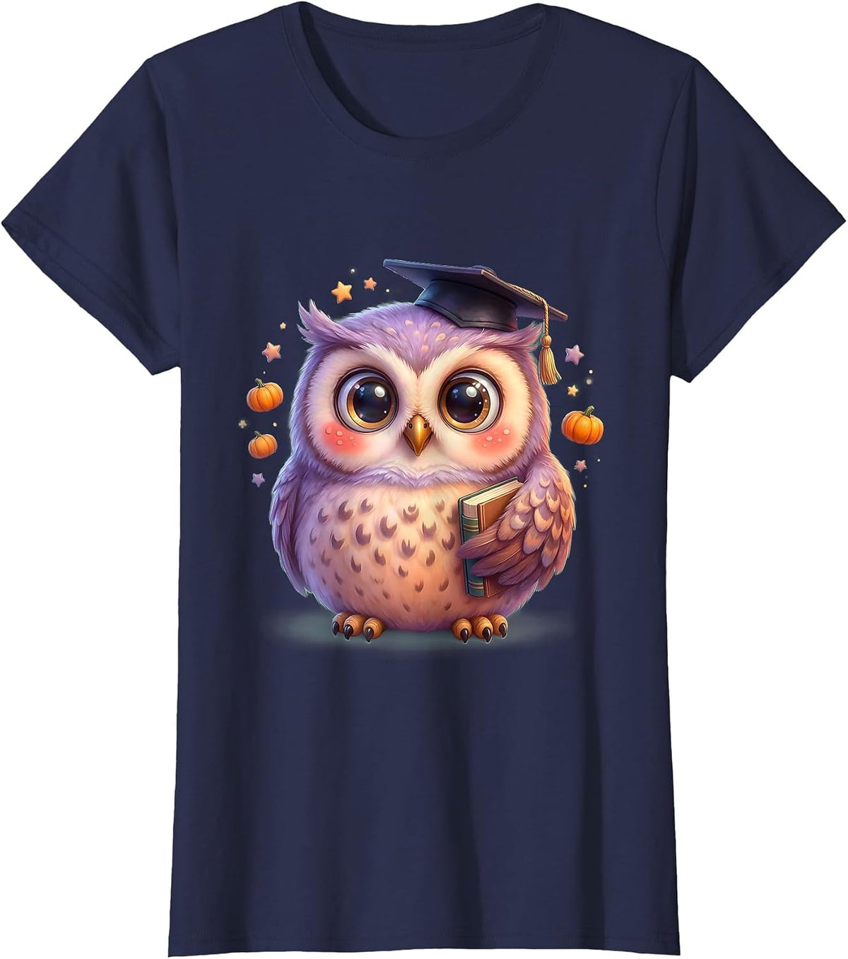Women's Halloween Owl Professor Mortarboard Hat Design T-Shirt - Navy Blue