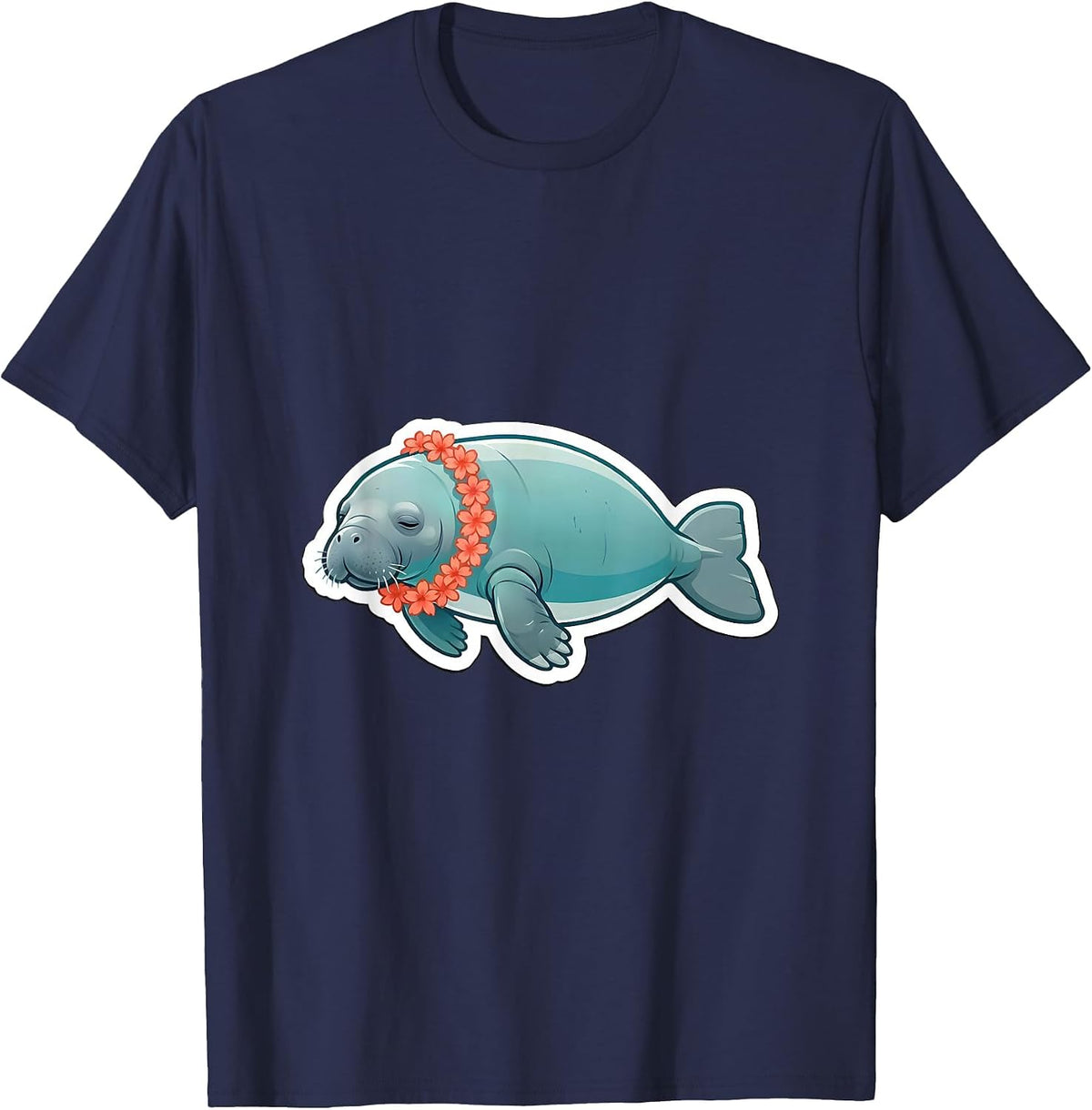 Manatee Flower Lei Funny Sea Animal Lover Sticker Style T-Shirt - Navy Blue