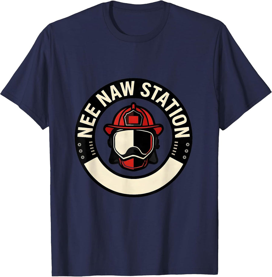Nee Naw Station Firefighter Helmet Emblem Fire Department T-Shirt - Navy Blue