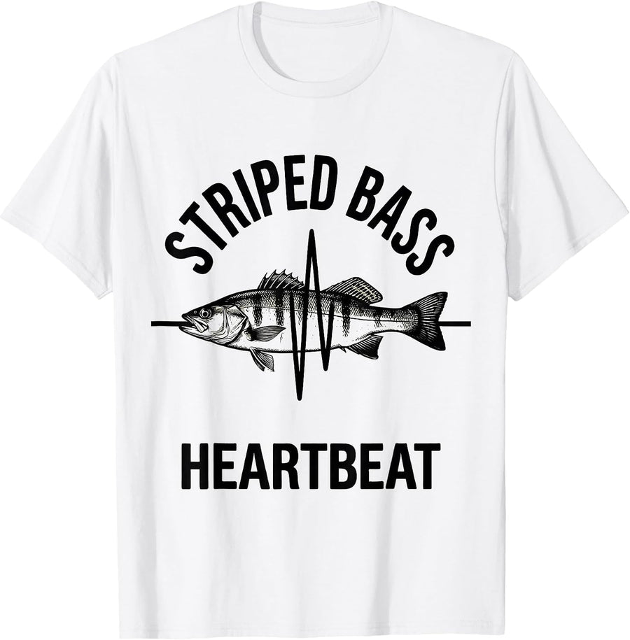 Men's Striped Bass Heartbeat Monochromatic Fishing Angler Wildlife T-Shirt - White