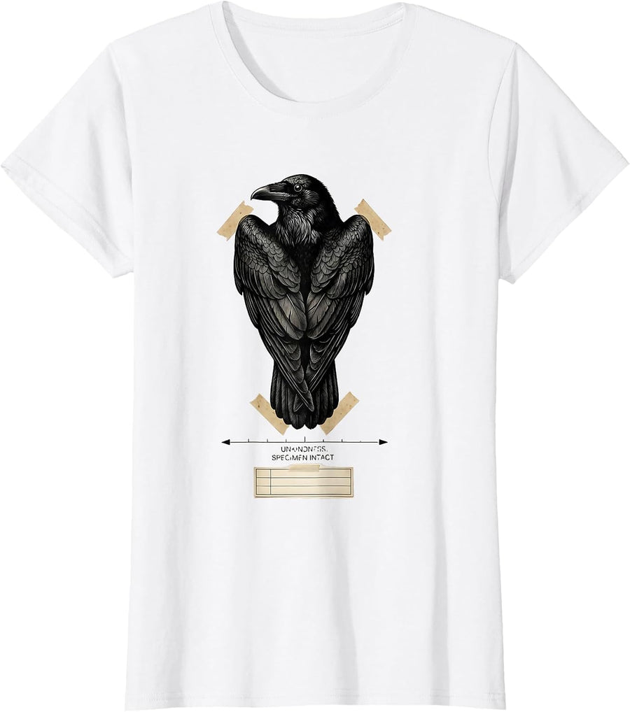 Women's Unkindness Specimen Intact Botanical Dark Humor Crow Lover T-Shirt - White