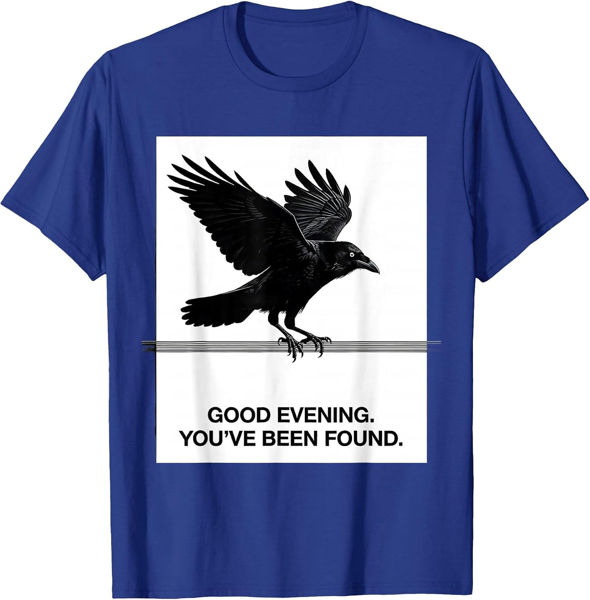 Good Evening You've Been Found Funny Crow Raven Dark Humor T-Shirt - Royal Blue
