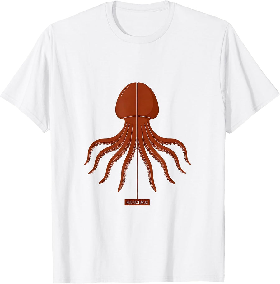 Men's Red Octopus Minimalist Vintage Octopus Lover Ocean Wildlife T-Shirt - White