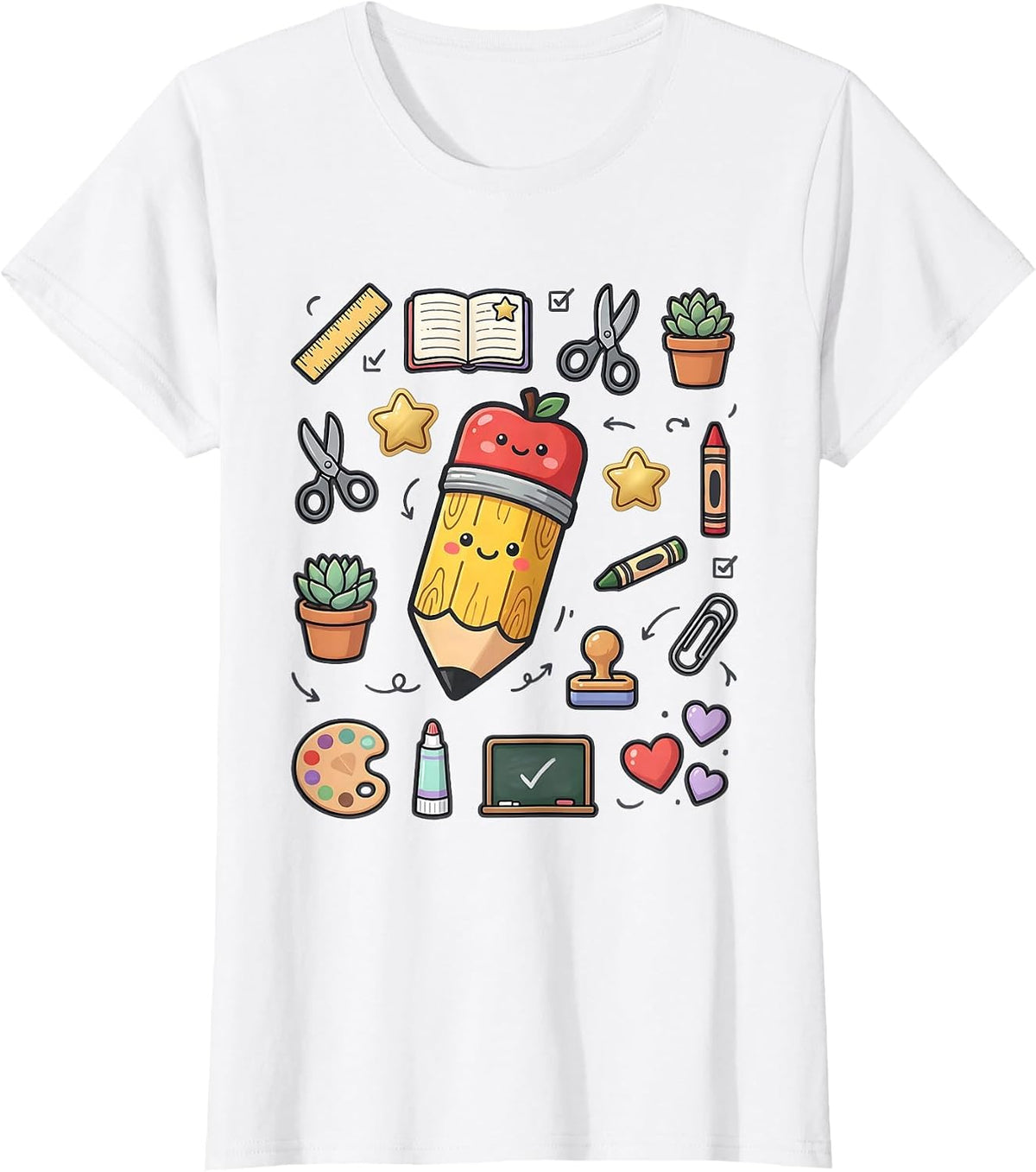Women's First Grade Teacher Pencil Apple Eraser Graphic T-Shirt - White