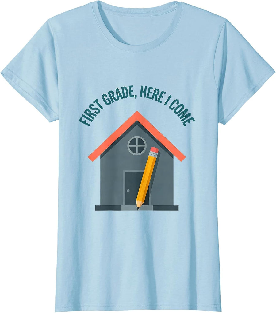 Women's First Grade Here I Come Preppy Teacher Back To School Girls T-Shirt - Baby Blue