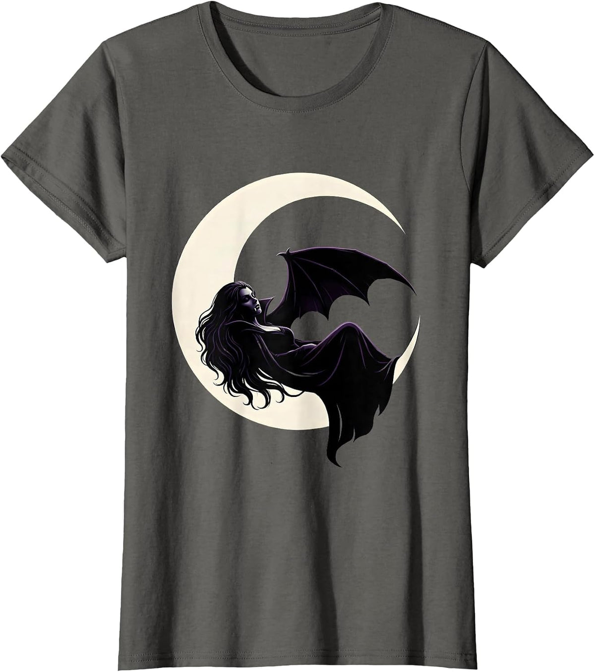 Women's Crescent Moon Sleeping Vampire Halloween Design T-Shirt - Asphalt Grey