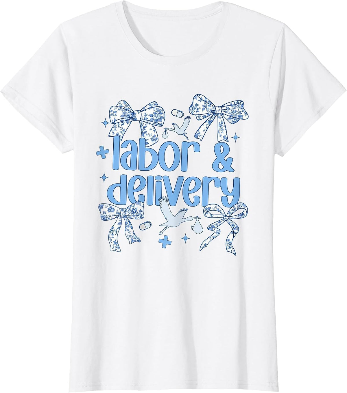 Labor and Delivery Nurse Blue Toile Nurse Stork Squad OB T-Shirt - White