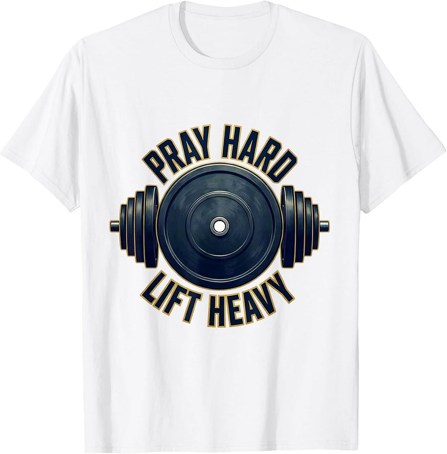 Men's Pray Hard Lift Heavy Sports Christian Gym Weightlifter T-Shirt - White