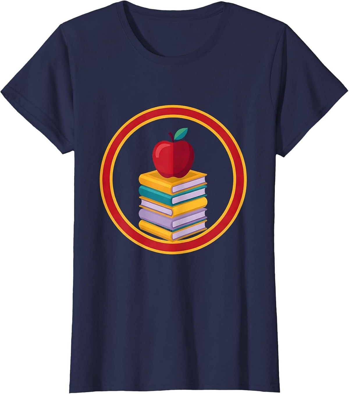 Women's First Grade Teacher Apple and Books Illustration T-Shirt - Navy Blue