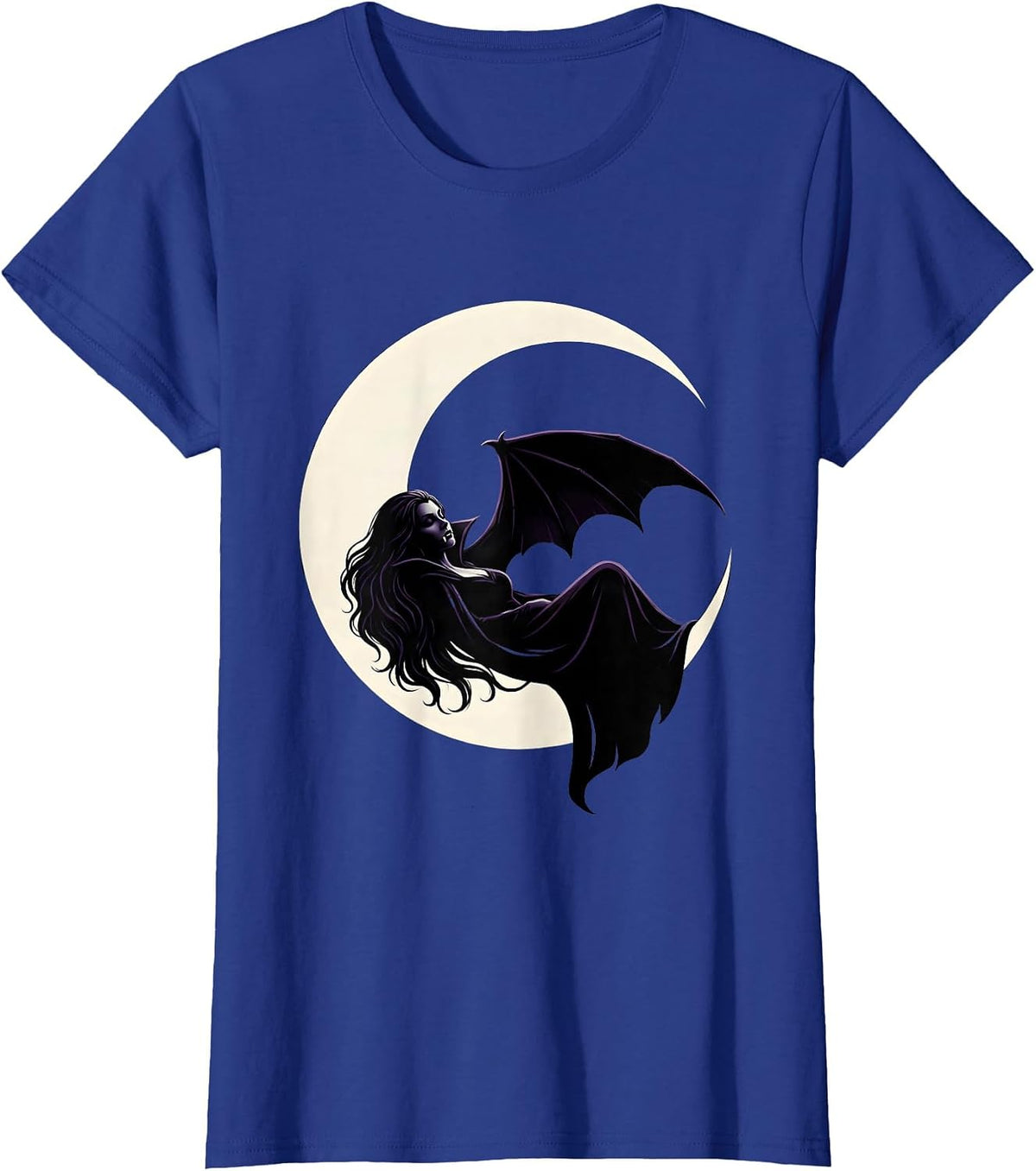 Women's Crescent Moon Sleeping Vampire Halloween Design T-Shirt - Royal Blue