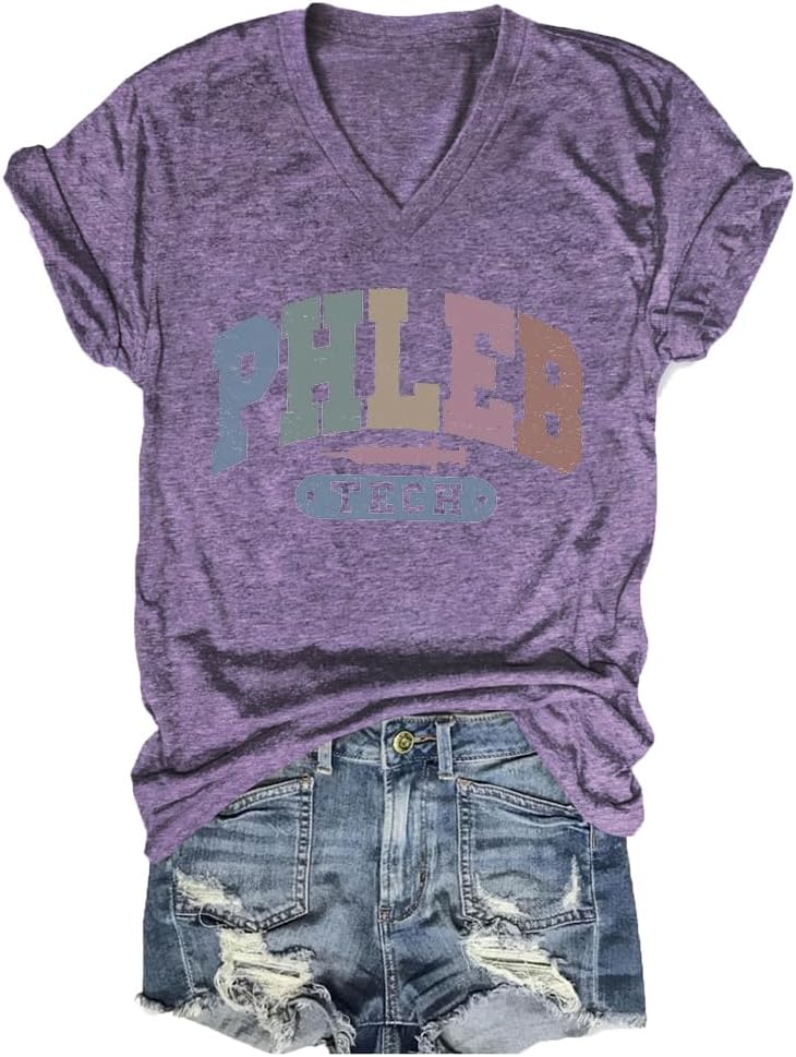 Phlebotomy Shirt Womens V-Neck Phleb Tech Tshirt Graphic Summer Tees Phlebotomist Nurse Life T Shirt Work Sayings - Purple