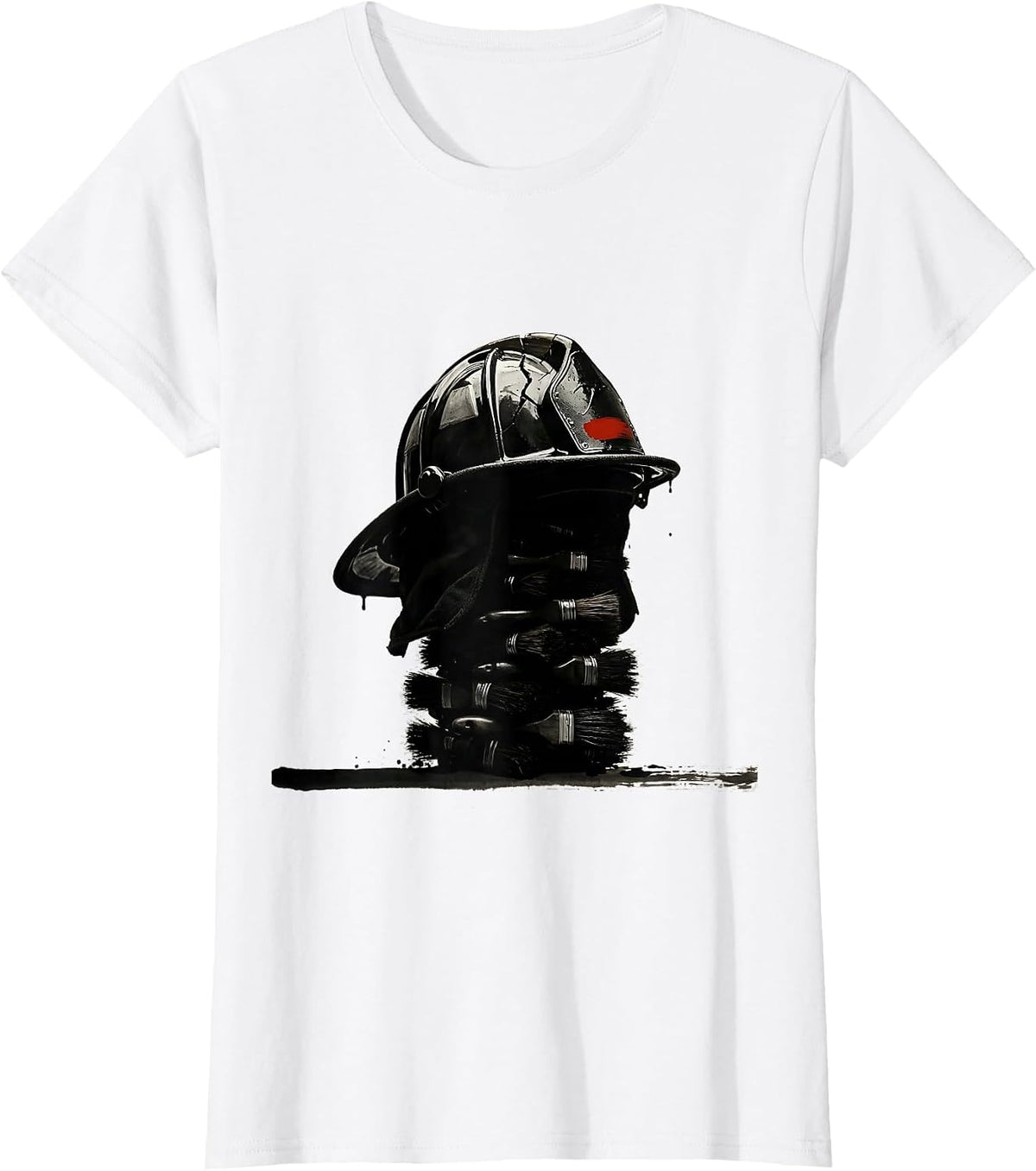 Fire Helmet Ink Brush Firefighter Pride Art T-Shirt - White